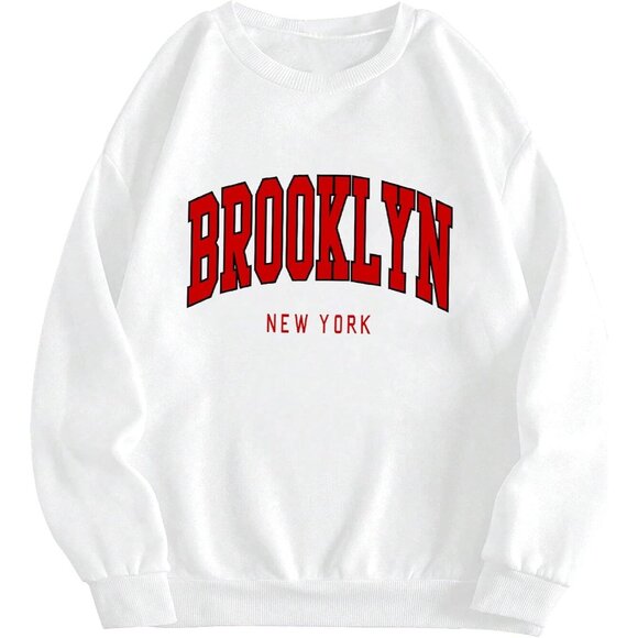 ⚡Women White Bk Imported Graphic Crewneck Casual Long Sleeve Pullover Sweatshirt - Picture 1 of 5